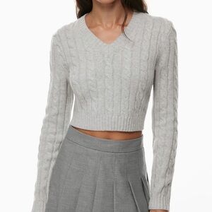 Aritzia Light Gray Cable-Knit V-Neck Sweater